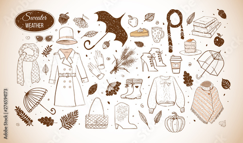 Collection of autumn style doodles. Fashion illustration of autumn outfit