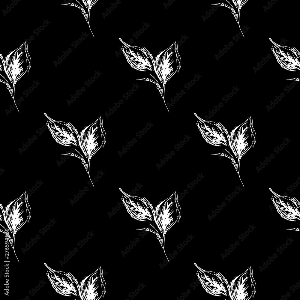 Fototapeta premium Outline doodle seamless leaves in line art style on black background. Outline floral seamless pattern. Cute simple design. Hand drawn style pattern. Vector illustration art