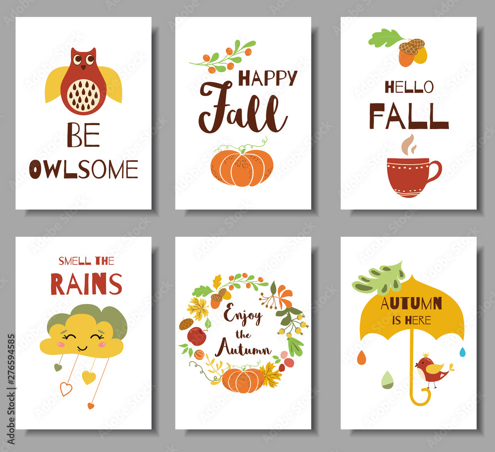 Collection of autumn typography flyer template with lettering. Bright fall elements vector
