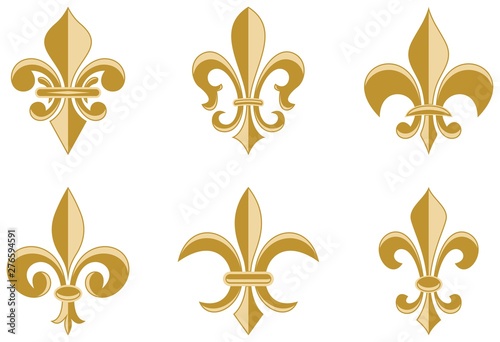 Goldene Fleur-de-lys Symbole als vektor. Verschiedenen Variationen auf einem isolierten weißen hintergrund Set von Lilien symbolen, verwendbar für alle heraldischen Anforderungen.