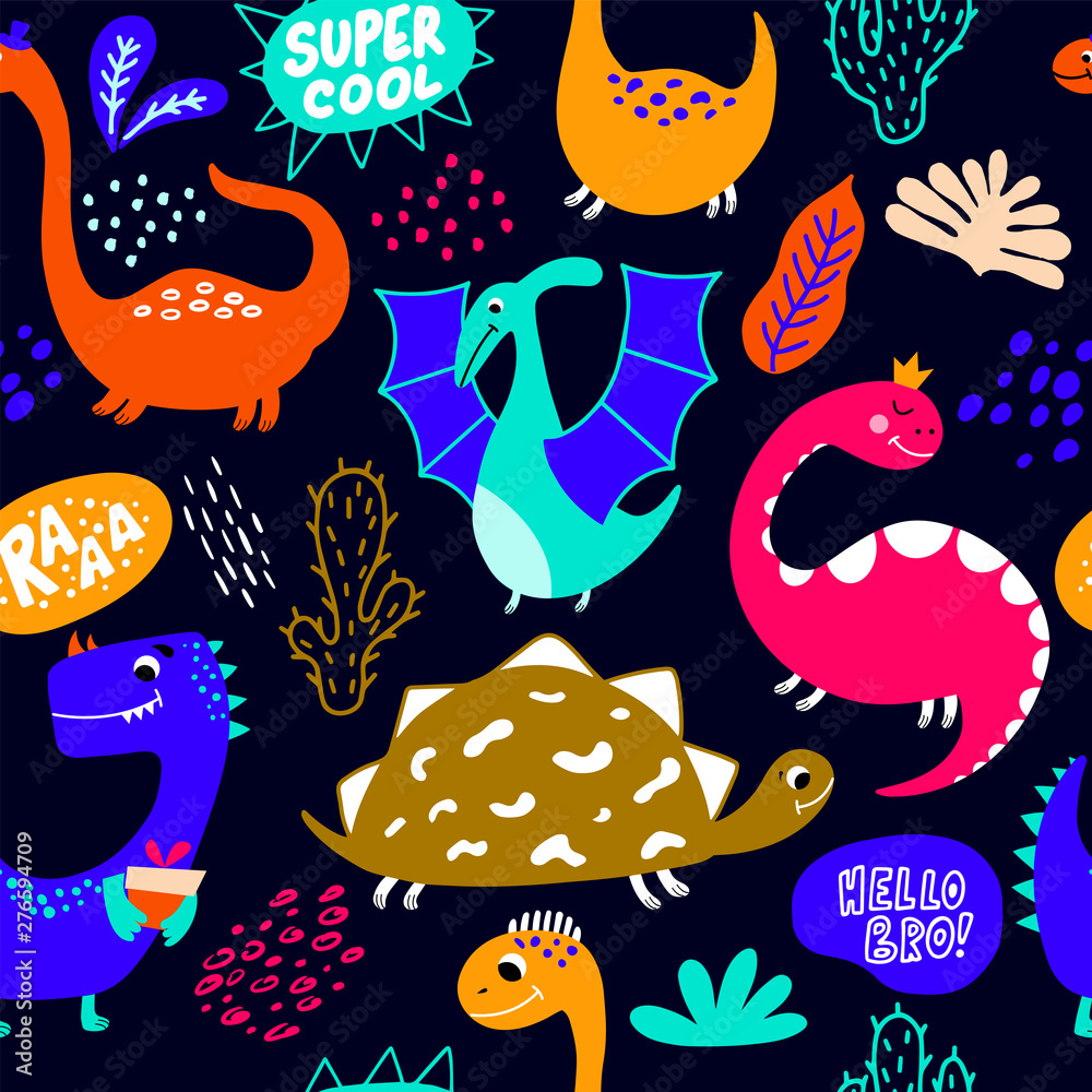 Hand-drawn seamless pattern with funny dinosaurs. Hand-drawn seamless pattern with funny dinosaurs.