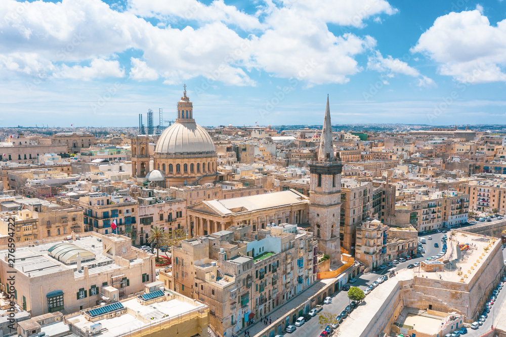 Aerial view of Lady of Mount Carmel church, St.Paul's Cathedral in Valletta city, Malta.