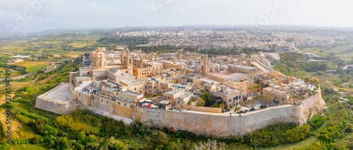 Panorama of the town of Mdina fortress aerial top view in Malta.