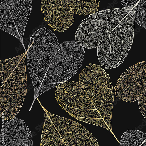 Seamless pattern with gold and silver leaves the form of hearts . Vector illustration.