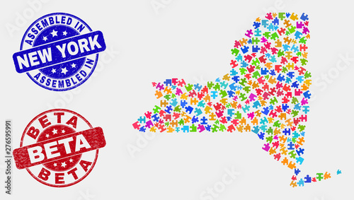 Bundle New York State map and blue Assembled seal stamp, and Beta textured seal stamp. Colorful vector New York State map mosaic of plug-in bricks. Red round Beta stamp.