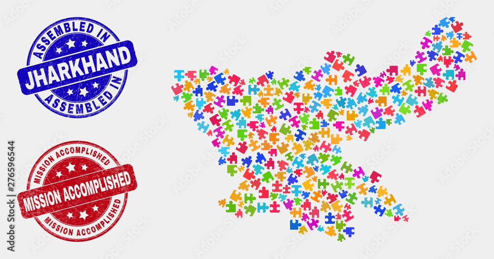 Puzzle Jharkhand State map and blue Assembled stamp, and Mission Accomplished scratched seal stamp. Colored vector Jharkhand State map mosaic of plugin elements. Puzzle Jharkhand State map and blue Assembled stamp, and Mission Accomplished scratched seal stamp. Colored vector Jharkhand State map mosaic of plugin elements.