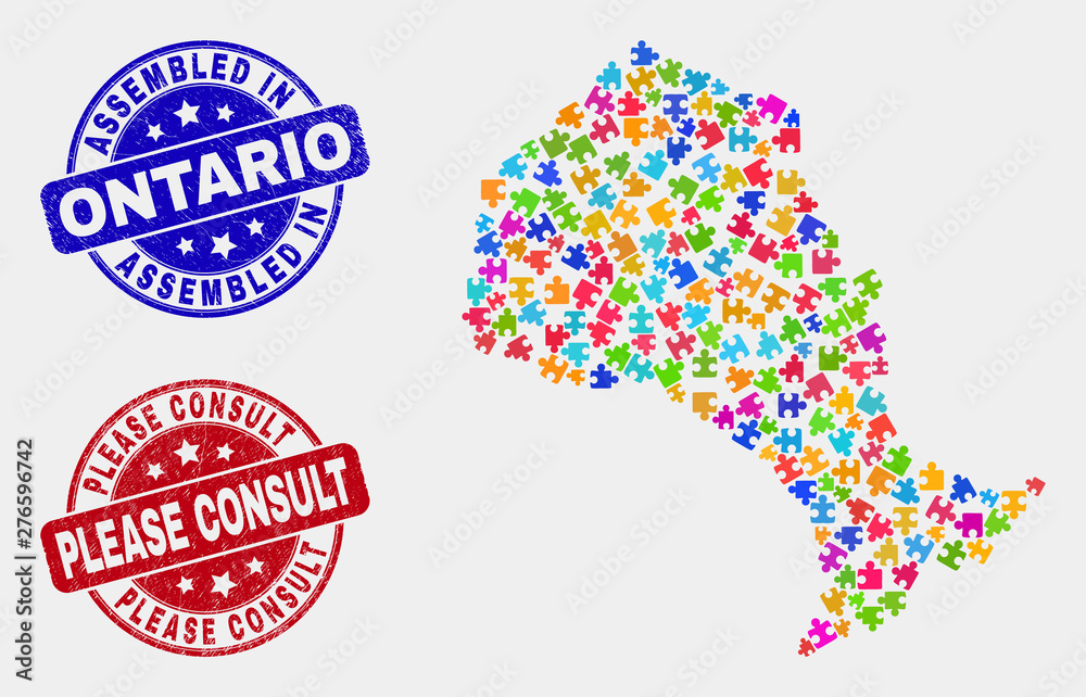 Component Ontario Province map and blue Assembled seal stamp, and Please Consult grunge seal stamp. Colorful vector Ontario Province map mosaic of puzzle items. Red round Please Consult imprint. Component Ontario Province map and blue Assembled seal stamp, and Please Consult grunge seal stamp. Colorful vector Ontario Province map mosaic of puzzle items. Red round Please Consult imprint.