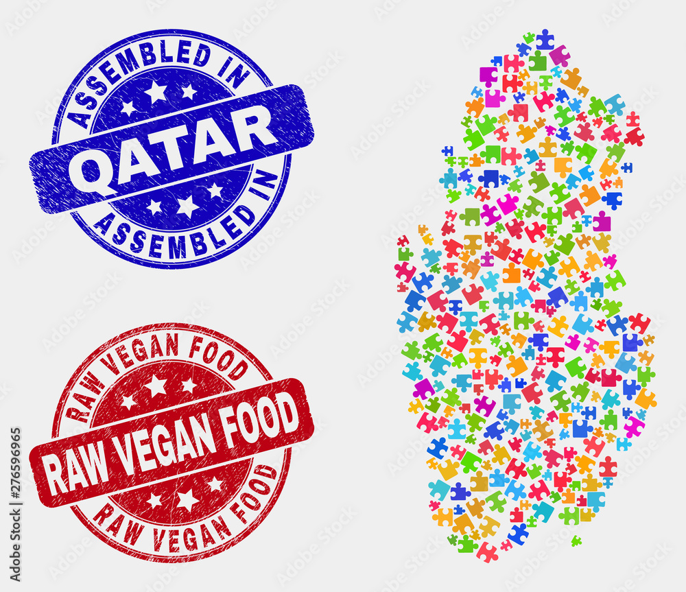 Bundle Qatar map and blue Assembled stamp, and Raw Vegan Food distress seal stamp. Colored vector Qatar map mosaic of puzzle items. Red round Raw Vegan Food seal.