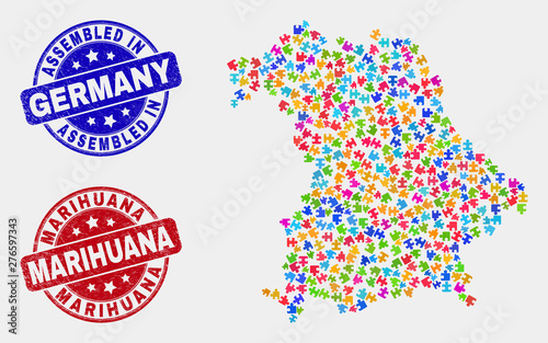 Element Germany map and blue Assembled seal stamp, and Marihuana grunge seal stamp. Colorful vector Germany map mosaic of puzzle elements. Red round Marihuana stamp.