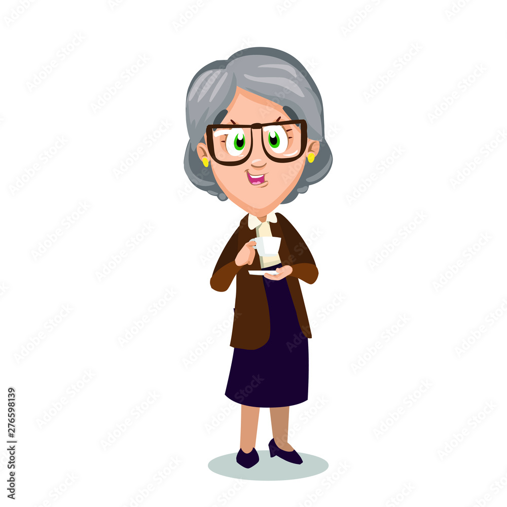 Senior spectacled lady standing and holding cup of tea in hands. Smiling silver haired granny in knitted jacket and skirt drinking coffee. Vector cartoon illustration isolated on white background.