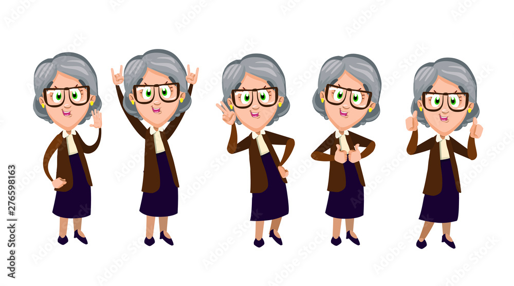 Set with senior smiling lady showing different gestures: thumb up, like, victory, peace, sign of the horns. Elderly teacher waving hands. Vector illustration isolated on white background.