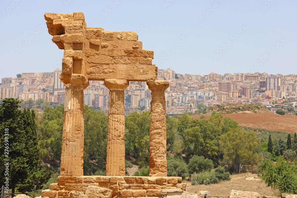 Temple of Dioscuri (Castor and Pollux). Famous ancient ruins in Valley of the Temples, Agrigento, Sicily, Italy. UNESCO World Heritage Site.
