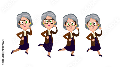 Vector set with smiling running, going granny. Joyful silver haired senior woman doing sport. Cheerful grandmother being late and hurrying. Cartoon illustration isolated on white background.