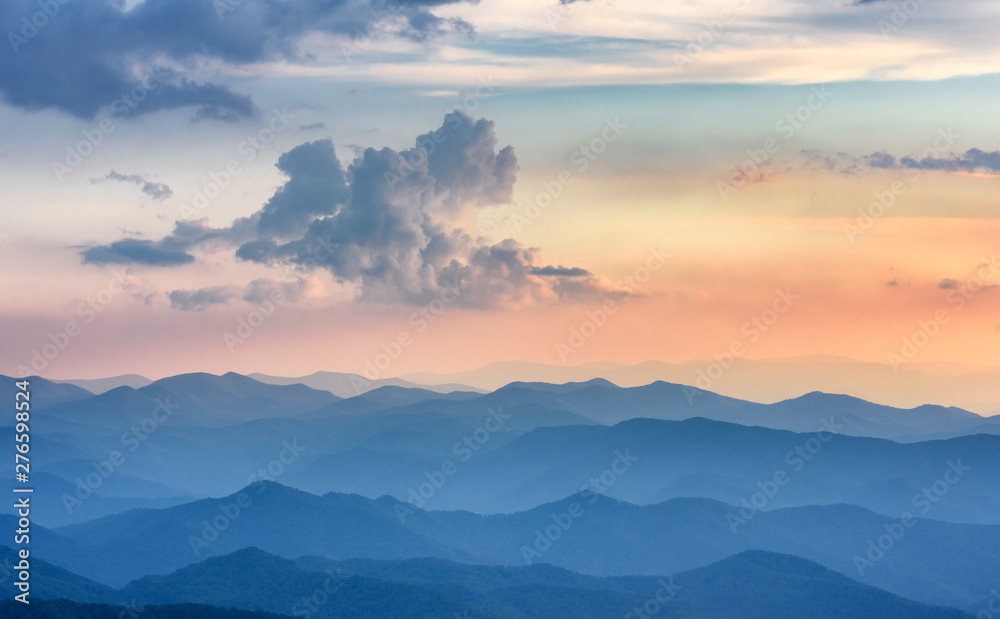 Dramatic Sunset along Blue Ridge Parkway with View of Smoky Mountains