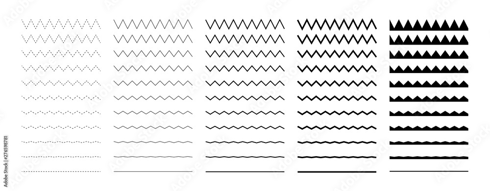 Collection of wavy or zigzag lines. Horizontal thin lines wave. Dotted line. Big set black color. Vector illustration.	