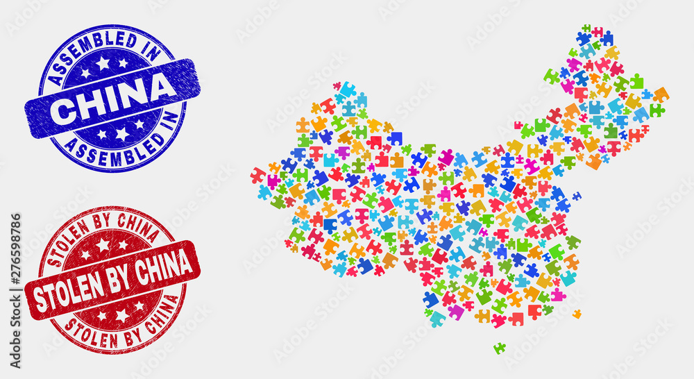 Bundle China map and blue Assembled seal stamp, and Stolen by China textured seal. Colored vector China map mosaic of puzzle parts. Red round Stolen by China seal. Bundle China map and blue Assembled seal stamp, and Stolen by China textured seal. Colored vector China map mosaic of puzzle parts. Red round Stolen by China seal.