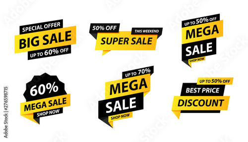 Sale tags collection. Special offer, big sale, discount, best price, mega sale banner set. Shop or online shopping. Sticker, badge, coupon, store. Vector Illustration.
