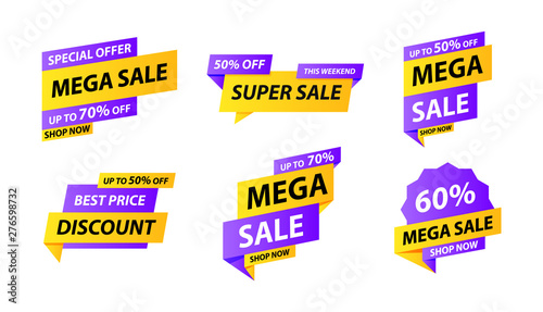 Sale tags collection. Special offer, big sale, discount, best price, mega sale banner set. Shop or online shopping. Sticker, badge, coupon, store. Vector Illustration.