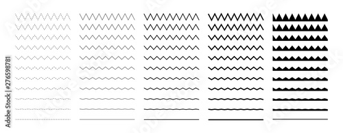 Collection of wavy or zigzag lines. Horizontal thin lines wave. Dotted line. Big set black color. Vector illustration. 