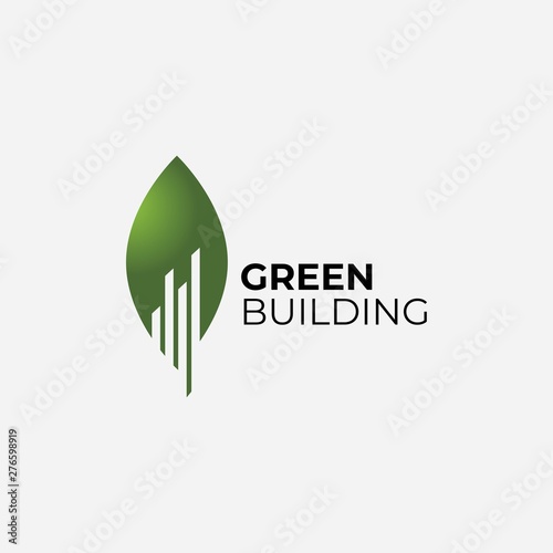 Building with green leaf symbol logo design.Green city illustration .Vector