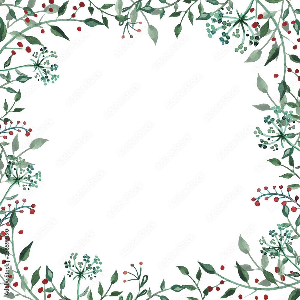 Watercolor frame with wildflower, herbs, leaf. collection garden, wild foliage, flowers, branches. illustration isolated on white background. Watercolor frame with wildflower, herbs, leaf. collection garden, wild foliage, flowers, branches. illustration isolated on white background.