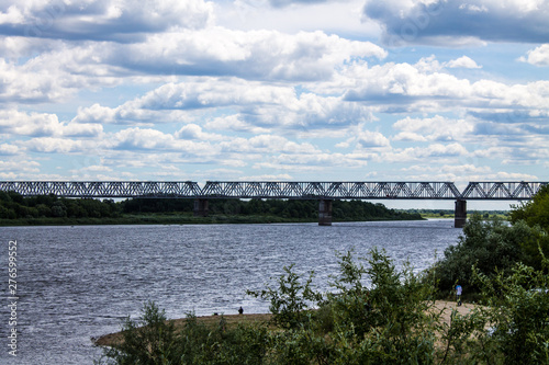 Summer landscape on the Oka river in Murom  Russia with a railway bridge