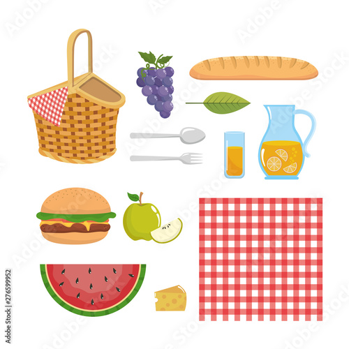set of hamper with tablecloth and food snack