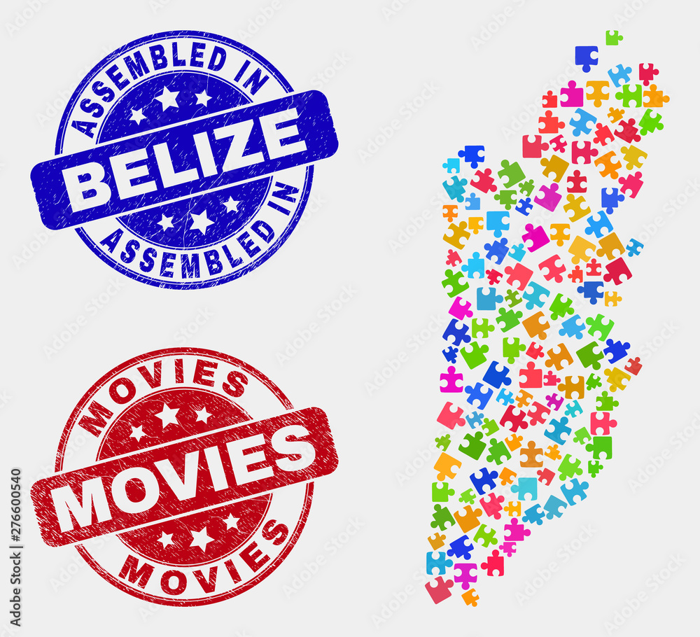 Bundle Belize map and blue Assembled seal stamp, and Movies grunge seal. Bright vector Belize map mosaic of puzzle items. Red rounded Movies stamp. Bundle Belize map and blue Assembled seal stamp, and Movies grunge seal. Bright vector Belize map mosaic of puzzle items. Red rounded Movies stamp.