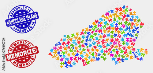 Bundle Kahoolawe Island map and blue Assembled watermark, and Memorize! distress watermark. Colored vector Kahoolawe Island map mosaic of plugin parts. Red rounded Memorize! imprint.