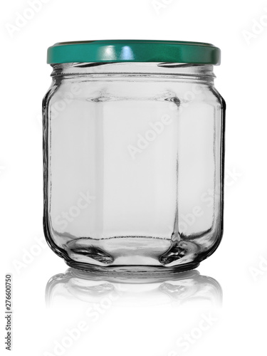 Empty glass jar with sides closed by a metal cover with reflection. Isolated on a white background
