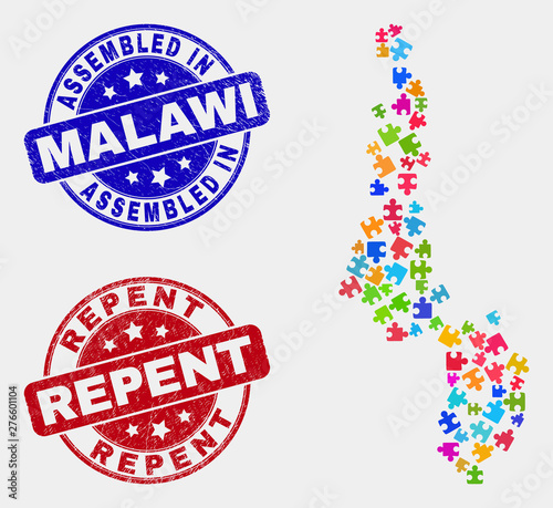 Constructor Malawi map and blue Assembled stamp, and Repent grunge seal stamp. Colored vector Malawi map mosaic of plug-in. Red rounded Repent stamp.