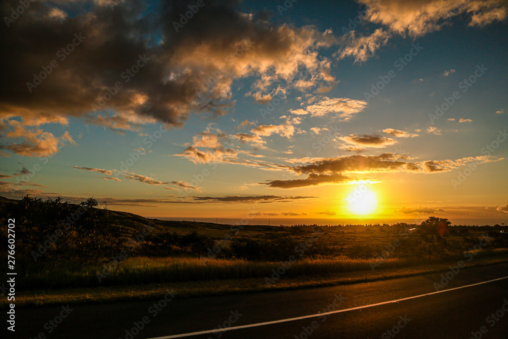 sunset on the road in Hawaii