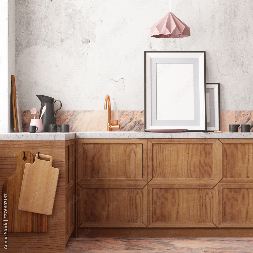 mockup kitchen interior in loft style. 3d render  3d visualization  - obrazy, fototapety, plakaty 