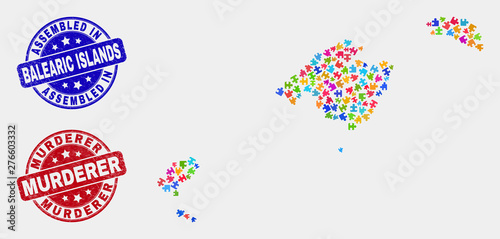 Assemble Balearic Islands map and blue Assembled seal stamp, and Murderer textured stamp. Colored vector Balearic Islands map mosaic of plug-in elements. Red round Murderer stamp.
