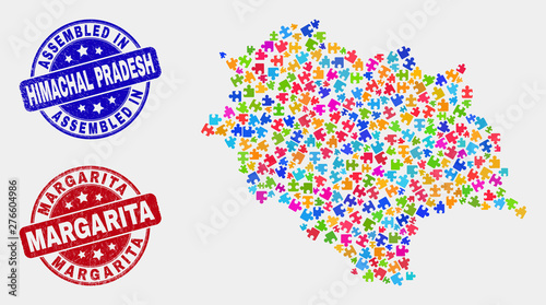 Module Himachal Pradesh State map and blue Assembled seal, and Margarita grunge seal stamp. Colored vector Himachal Pradesh State map mosaic of bundle elements. Red rounded Margarita stamp.