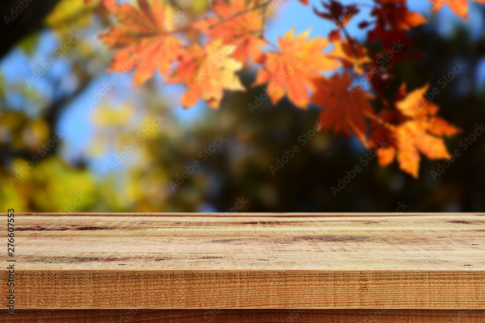 Beautiful blurred nature autumn forest background and empty wooden table. Beautiful blurred nature autumn forest background and empty wooden table.