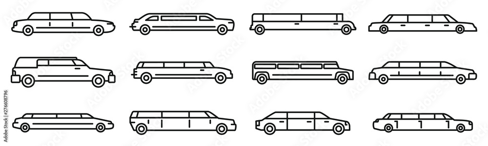 Wedding limousine icons set. Outline set of wedding limousine vector icons for web design isolated on white background