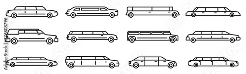 Wedding limousine icons set. Outline set of wedding limousine vector icons for web design isolated on white background