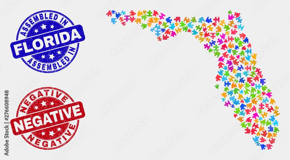 Assemble Florida State map and blue Assembled seal stamp, and Negative distress seal. Colored vector Florida State map mosaic of bundle components. Red round Negative seal.