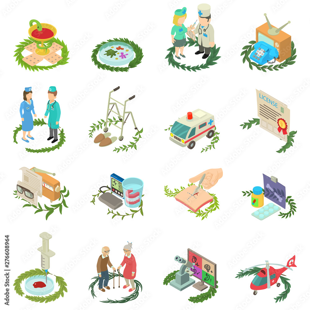 Wreath medical icons set. Isometric set of 16 wreath medical vector icons for web isolated on white background