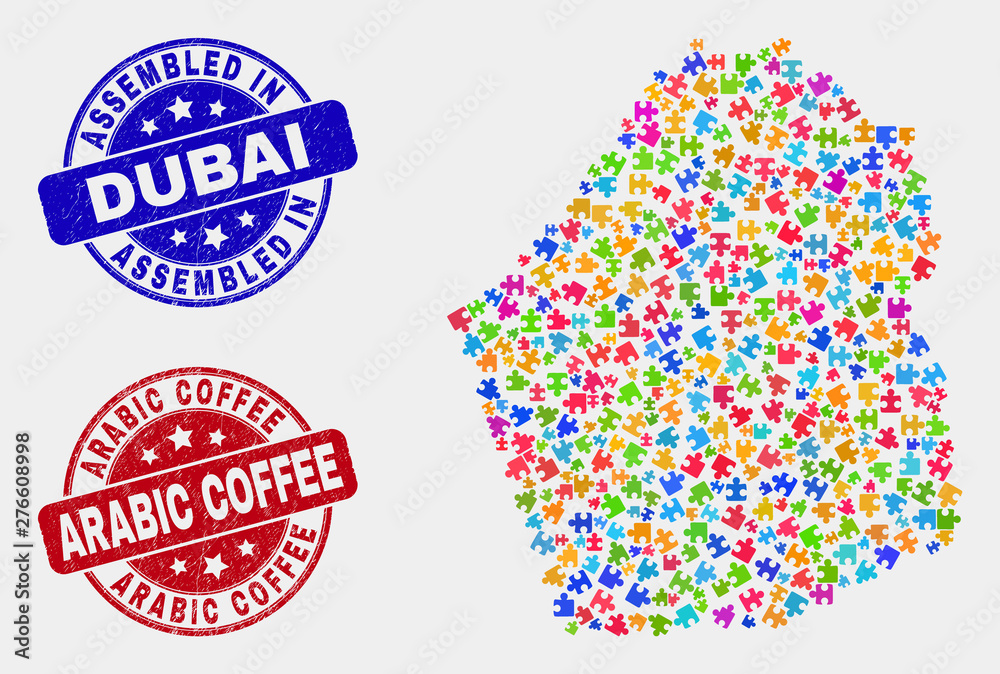 Element Dubai Emirate map and blue Assembled seal stamp, and Arabic Coffee textured seal stamp. Colored vector Dubai Emirate map mosaic of plug-in. Red round Arabic Coffee stamp.
