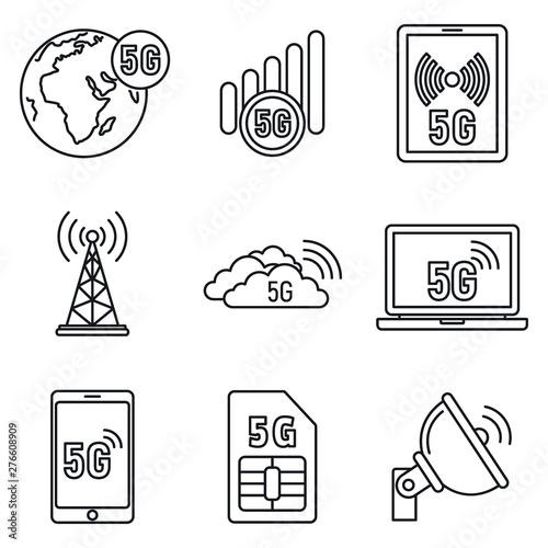 5G technology network icons set. Outline set of 5G technology network vector icons for web design isolated on white background