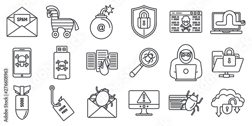 Cyber attack bug icons set. Outline set of cyber attack bug vector icons for web design isolated on white background