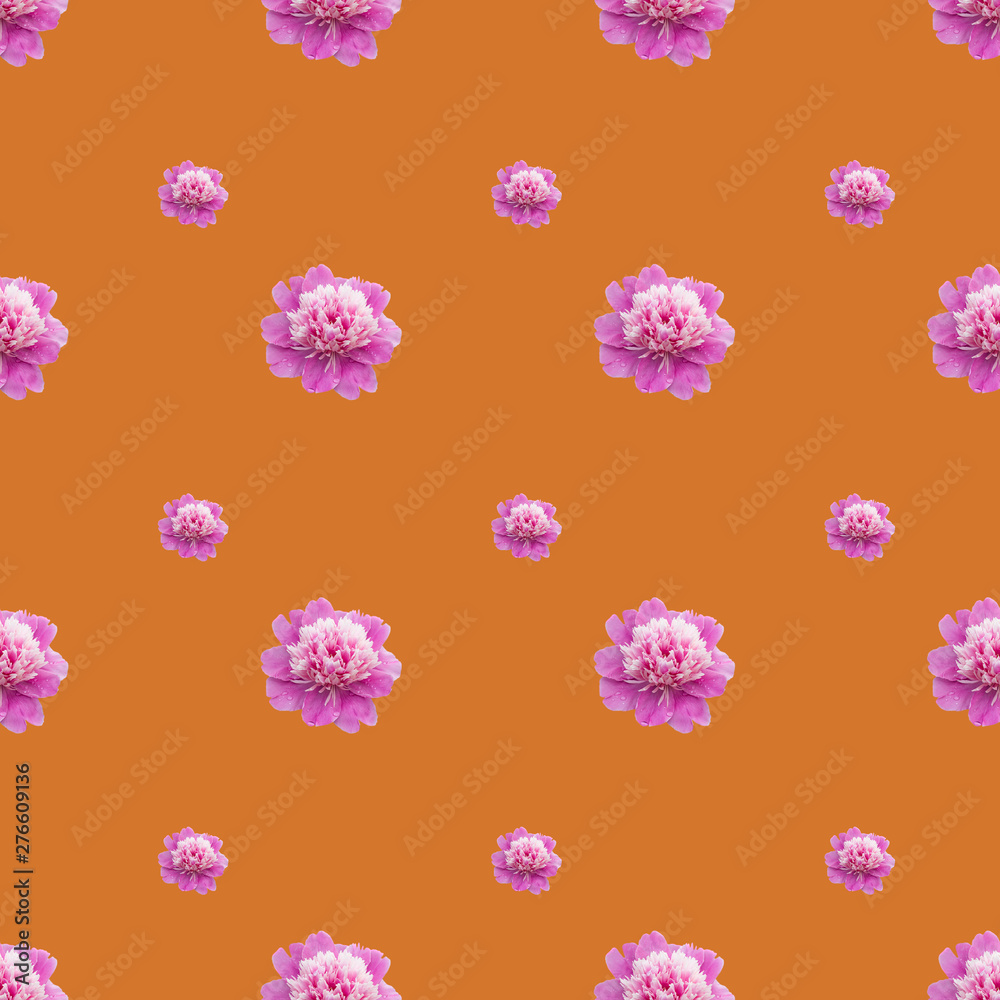 Bright  seamless pattern with pink peonies on orange background