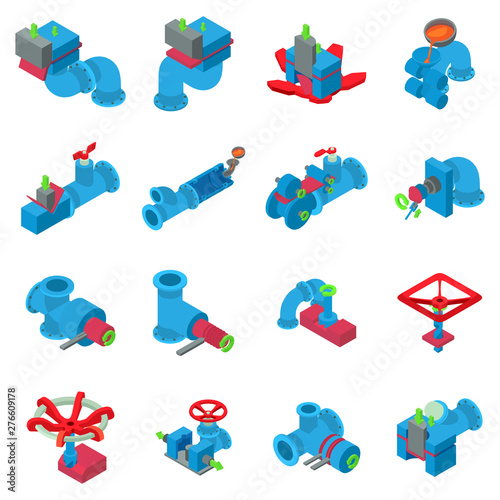 Pipeline icons set. Isometric set of 16 pipeline vector icons for web isolated on white background