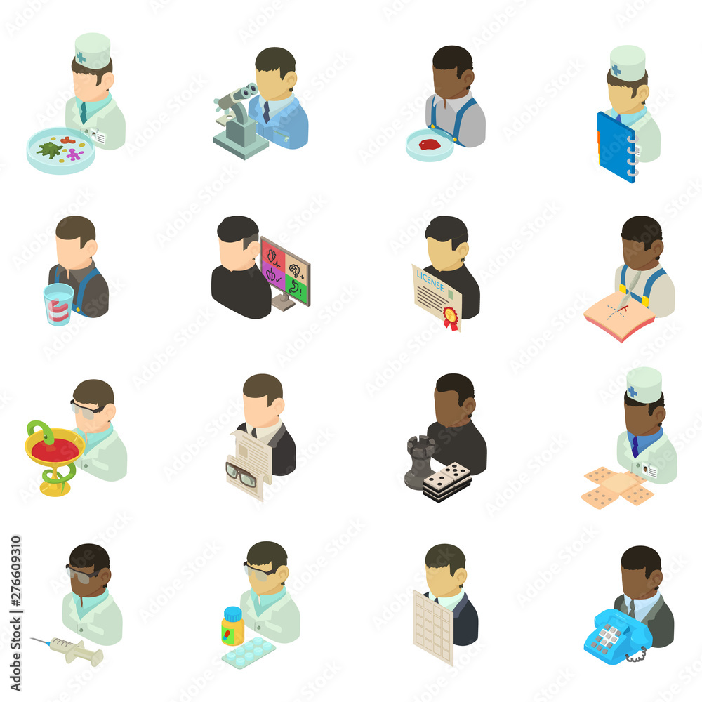 Medical personnel icons set. Isometric set of 16 medical personnel vector icons for web isolated on white background Medical personnel icons set. Isometric set of 16 medical personnel vector icons for web isolated on white background
