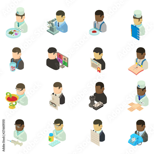 Medical personnel icons set. Isometric set of 16 medical personnel vector icons for web isolated on white background