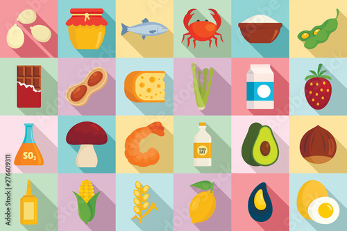Food allergy icons set. Flat set of food allergy vector icons for web design