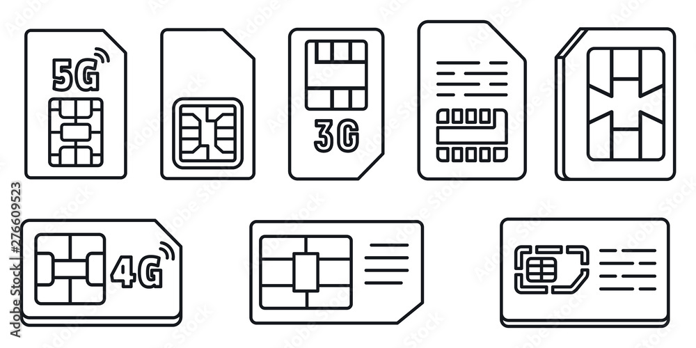 Chip phone card icons set. Outline set of chip phone card vector icons for web design isolated on white background