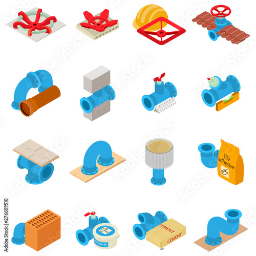 Plumbing icons set. Isometric set of 16 plumbing vector icons for web isolated on white background